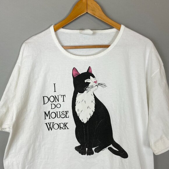 Vintage Cat Shirt I Don't Do Mouse Work Humor Graphic Tee White Unisex Oversized - Picture 8 of 16